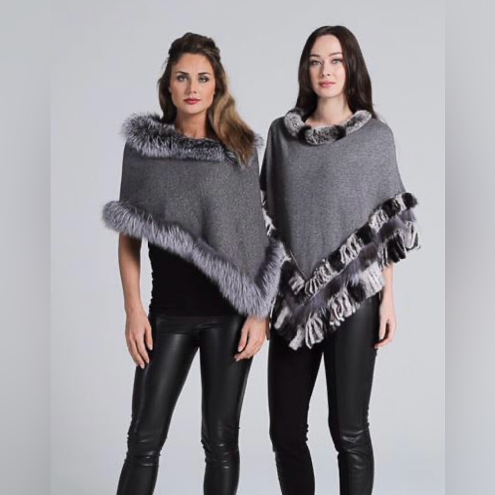 KELLI KOURI Silver Fox & Rabbit Fur Wool Poncho